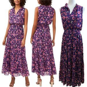 MSK Womens Purple Floral Print Smocked Tiered Tea Length Maxi Dress